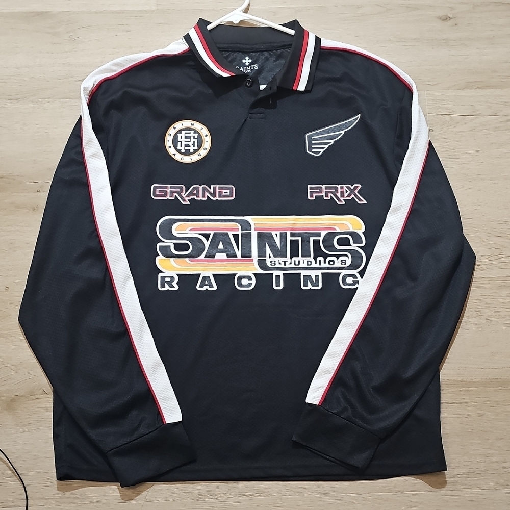 NWT Saints Studios Racing Graphics Black Long Sleeve Shirt 76 Striped Large